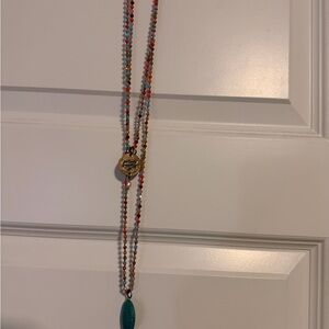 Colorful Beaded Necklace with Teal Pendant